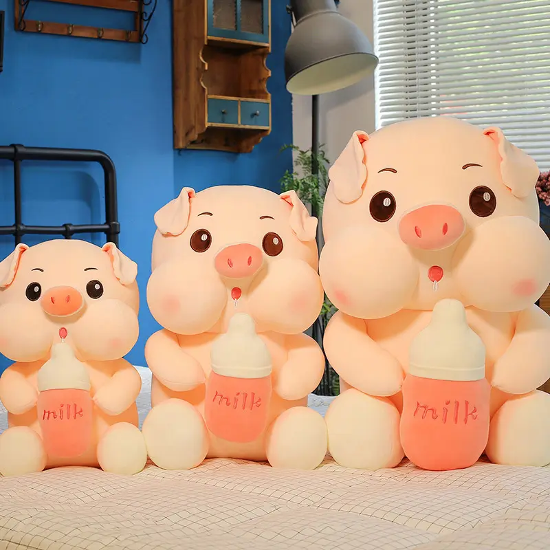 Boneka babi mewah Kawaii 35-55cm, mainan dekorasi kamar anak-anak lembut dengan botol susu untuk hadiah Natal anak-anak