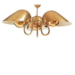 Lustre incurvé moderne du milieu du siècle à 3 lumières, abat-jour perforés, laiton brut, luminaire suspendu Sputnik, montage semi-encastré LED/halogène - Product Image 2