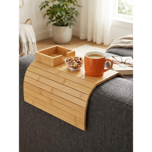 Bamboo <b>Foldable</b> Sofa Side Tray Organizer-<b>Wooden</b> Couch Arm <b>Table</b> with Cup and Remote Holder - Product Image 1