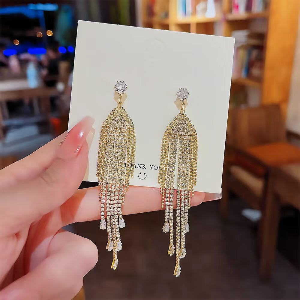 Fashion women's Zircon Exaggerated Long Rhinestone Earrings