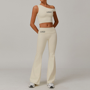 Ensemble de 2 pièces pour femmes, vêtements de yoga et de fitness personnalisés avec logo, débardeur de sport sans dos à bretelles, pantalon évasé taille haute push-up, tenue de sport - Product Image 3