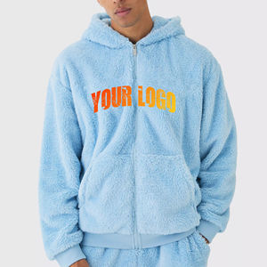 High Quality 100% Cotton <b>Sherpa</b> <b>Fleece</b> Zip Up Hoodies For Men Custom Embriordery Logo Solid color Breathable Hip Hop Sweatshirt - Product Image 4