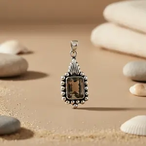 Colgante de Plata 925 con Cuarzo Ahumado para Mujer, Chapado en Oro Rosa y Rodio, Gema con Corte Esmeralda, Joyería con Dije de Patrón Numérico - Product Image 2