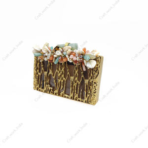 Handcrafted metal <b>clutch</b> with natural shell floral embellishment sculpted texture luxury evening wedding party <b>bag</b> accessory - Product Image 3