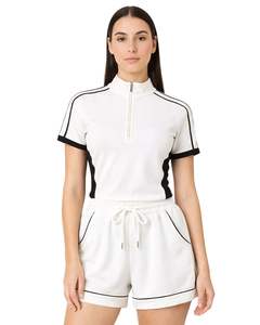 <b>Women</b> White Black Quarter Zip <b>Polo</b> <b>Shirt</b> And Drawstring Shorts Two Piece Tracksuit Athletic Sportswear Set For <b>Women</b> Gym WearFit - Product Image 1