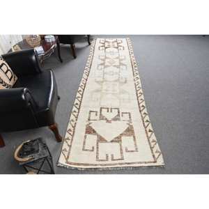 Alfombra turca Bohemia Vintage de 3x10,3 pies, Beige, marrón, estilo clásico, patrón de retazos para entrada, pasillo, Material de lana, látex - Product Image 1