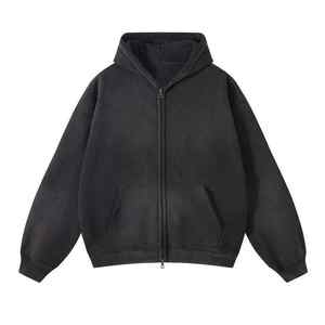 Sweat-shirt à capuche zippé Streetwear de qualité imprimé de logo personnalisé 100% coton 400gsm Vintage Double couche lavage à l'acide soleil délavé en détresse unisexe - Product Image 2