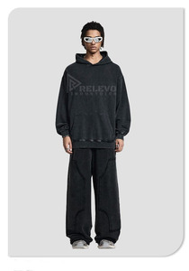 Sweat-shirts pour hommes en molleton 100% coton, coupe classique, effet vieilli et délavé à l'acide, poids lourd 220g, nouveau modèle personnalisé, effet vintage, 2 pièces - Product Image 3