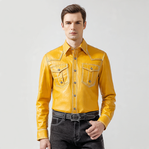 เสื้อหนังแฟชั่นสีเหลืองสำหรับผู้ชายเสื้อเชิ้ตหนังปกพับลงกระดุมสำหรับผู้ชาย - Product Image 3
