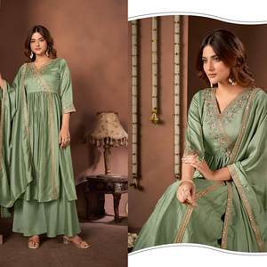 Salwar Kameez para Mujer de Dhwaja Export con Bordado Intenso en Chinon, para Fiestas/Bodas, Corte Regular - Product Image 2