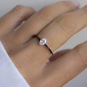 Signet moderno ovalado y Negro corte redondo laboratorio crecido diamante solitario anillo 14K oro compromiso fiesta anillo para novias regalo joyería - Product Image 3