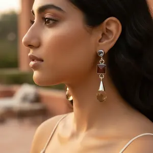 ต่างหูเงินแท้ 925 สำหรับผู้หญิง ดีไซน์ทันสมัย ประดับด้วยพลอยซิทรินและคาร์เนเลียน - Product Image 3