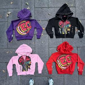 Sweat-shirts à capuche personnalisés de haute qualité pour hommes, 100 % coton molletonné, épaules tombantes, unisexe, avec strass, coupe courte, zippé, pour hommes - Product Image 1