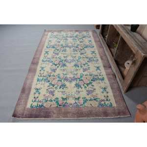 Tapis Turc Vintage Beige Violet 4.6X8 ft Classique Style Boho Laine Latex Support Patchwork Rectangle Couloir pour Décoration de Chambre - Product Image 1
