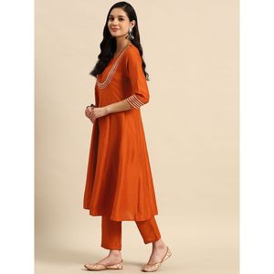 Ensemble de kurta en soie pure orange brodée pour femmes, pour les mariages - Product Image 4