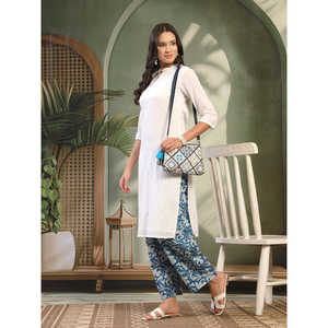 Kurta y Palazzos de Algodón Puro para Mujer con Cuello Mandarín, Diseño Propio, Corte Recto, Mangas Tres Cuartos para Primavera/Verano - Product Image 1