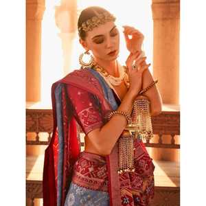 ชุดส่าหรีงานแต่งงานผ้าไหมพิมพ์ลายสีเทาทองสุดหรู ชุดแต่งงานที่สง่างาม - Product Image 3