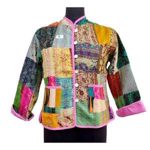 Veste en Soie Patch Kantha Manteau Tricoté avec Bouton Décoration Manches Longues Respirant Automne Hiver Printemps Réversible - Product Image 1