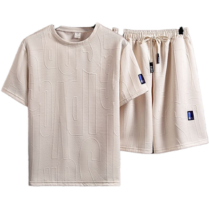 Ensemble de t-shirts décontractés en jacquard épais pour hommes Style hongkongais ample Plus Size Trendy Simple Short à manches courtes Ensemble deux pièces - Product Image 1