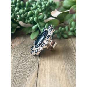 Southwest <b>Onyx</b> & Sterling Silver Adjustable Flower Signet <b>Ring</b> - Product Image 4
