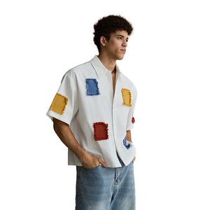 Men's Summer Casual <b>Patchwork</b> Short Sleeve <b>Shirt</b> Loose Fit Colorblock Lapel Collar Woven Button Up Streetwear - Product Image 2