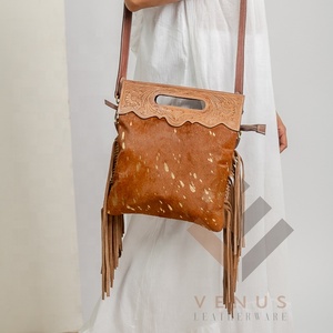 กระเป๋าถือหนังวัวสีน้ำตาลถักขอบมีสายเดี่ยวประดับพู่ห้อยกระเป๋าสไตล์ตะวันตกสไตล์โบฮีเมียนสไตล์วินเทจ - Product Image 3