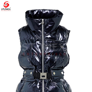 Black Shinny Women Puffer Chaleco sin mangas acolchado Chaqueta Cierre de cremallera con cinturón Chaleco de niña adulta - Product Image 5