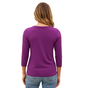 T-shirt femme en coton biologique de luxe 100% pré-rétréci certifié GOTS, col en V, manches 3/4, doux, respirant, classique - Product Image 4