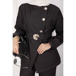 Premium Gold <b>Buttoned</b> Belted Denim Women's <b>Suit</b> Set Black Color - Product Image 5