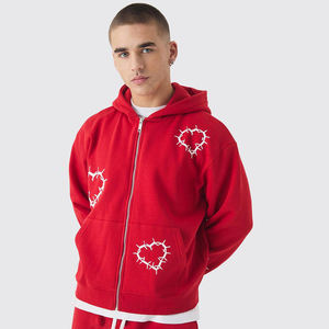 Sweat à capuche zippé rouge pour homme en molleton 100 % coton avec broderie graphique, coupe oversize, style streetwear - Product Image 5