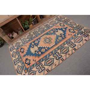 Tapis Vintage en Laine Turque 4X6 pieds Style Classique Bleu Beige Patchwork Design Plat Armure Latex pour Décorations de Salon - Product Image 5