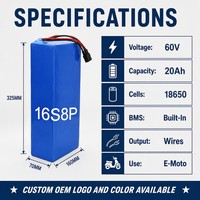 Paquete de Baterías de Litio de 60V 20Ah 18650 para Motocicleta Eléctrica, BMS Integrado 16S8P para Scooter y Bicicleta Eléctrica