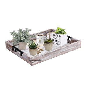 Plateau de service en bois d'acacia lavé blanc avec poignées en métal noir Style de ferme rustique pour cuisine salle à manger décor à la maison - Product Image 4