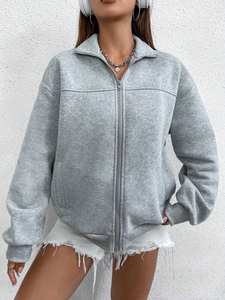 Gris clair Surdimensionné Zip Up Sweat Femmes Coton Polaire Veste Coupe Ample Col Montant Manches Longues Casual Hiver Streetwear - Product Image 3