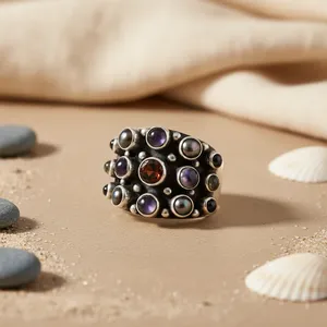 A Vintage 925 Sterling Silver Cocktail <b>Ring</b> Amethyst Gemstones Bezel Setting Women Geometric Style Everyday Wear Statement Piece - Product Image 3