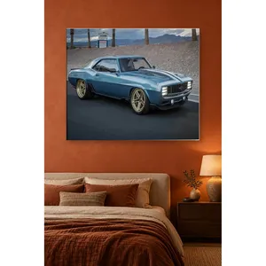 Impression sur toile Fida Blue Restomod Camaro avec roues dorées - Product Image 2