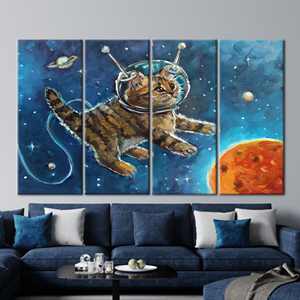 Cuadro Decorativo de Pared con Diseño de Gato Astronauta, Impresión en Lienzo, 4 Piezas: Enmarcado en Lienzo - Product Image 1