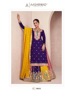 Traje Sharara de trabajo de secuencia de bordado de seda Chinon de último diseñador por Fab Zone - Product Image 5