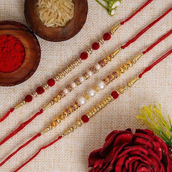 Rakhi For Brother Gift Set - 6 Traditional Red & Yellow Designer Rakhis With Greeting Card For Rakshabandhan - View #12