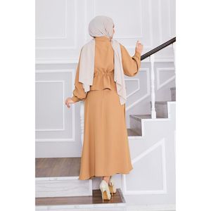 Camel plissé taille double poche jupe 2 pièces ensemble décontracté au-dessus du genou longueur shorts tenues - Product Image 6