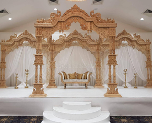 Indian <b>Wedding</b> Triple Pillar Mandap Setup Multi-Event Golden Hindu Fiber Mandapam Customizable Usa Marriage Stage DST Export USA - Product Image 4