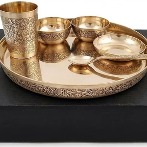 Fabricant indien, service de table en bronze 6 pièces, finition miroir, gravure solide, authentique service de table en bronze indien, ensemble Thali - Product Image 1