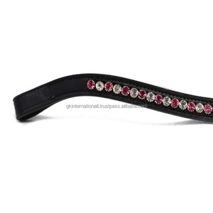 Best Selling Wave Shape Leather Horse Brow Band with Padding & <b>Stitching</b> Decorative 1 Row pink and clear <b>Crystals</b> Rhinestones - Product Image 1
