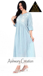 Robe longue en coton pour femme, élégante, broderie florale, manches trois quarts, confortable, pour l'été, usage quotidien, exportateur - Product Image 3