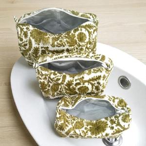 Eco-Friendly Water Resistant Cotton Vanity for <b>Bag</b> Set <b>Zipper</b> Closure 3-Piece Green Floral Case Large Vintage Style - Product Image 1