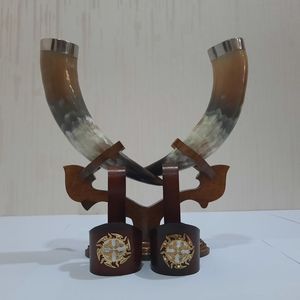 Handcrafted Eco-Friendly Viking Drinking Horn with Wooden <b>Holder</b> Religious Animal Design Natural Horn <b>Mug</b> Gift Set - Product Image 2