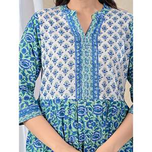 Blue Jaal Printed Cotton <b>Kurta</b> Pant Set Traditional <b>Indian</b> Ethnic Wear with Embroidery Work for Special Occasions and Parties - Product Image 2