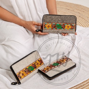 LW Western Style Hair On Hide Colour Tooled Fur Leather Clutch Women Designed Purse Hot Selling Tooled Leather <b>Unique</b> Wallet - Product Image 1