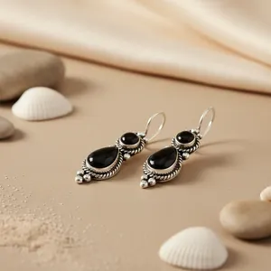 Boucles d'oreilles pendantes vintage en onyx noir pour femme, serties de pierres en argent tibétain, bijoux fantaisie en forme de goutte d'eau, cadeau - Product Image 2