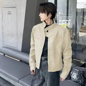 Veste de moto recadrée haut de gamme pour hommes en couleur café marron Style américain Vintage en cuir véritable toile tissu imperméable - Product Image 2